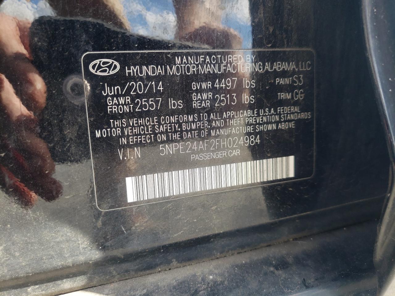 Photo 10 from auction – 2015 HYUNDAI SONATA SE with VIN 5NPE24AF2FH024984