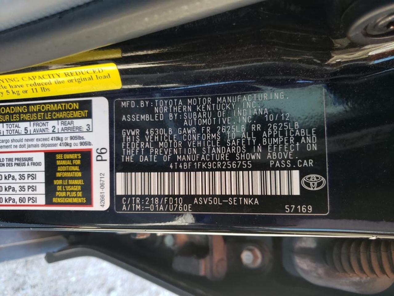 Photo 10 from auction – 2012 TOYOTA CAMRY BASE with VIN 4T4BF1FK9CR256755