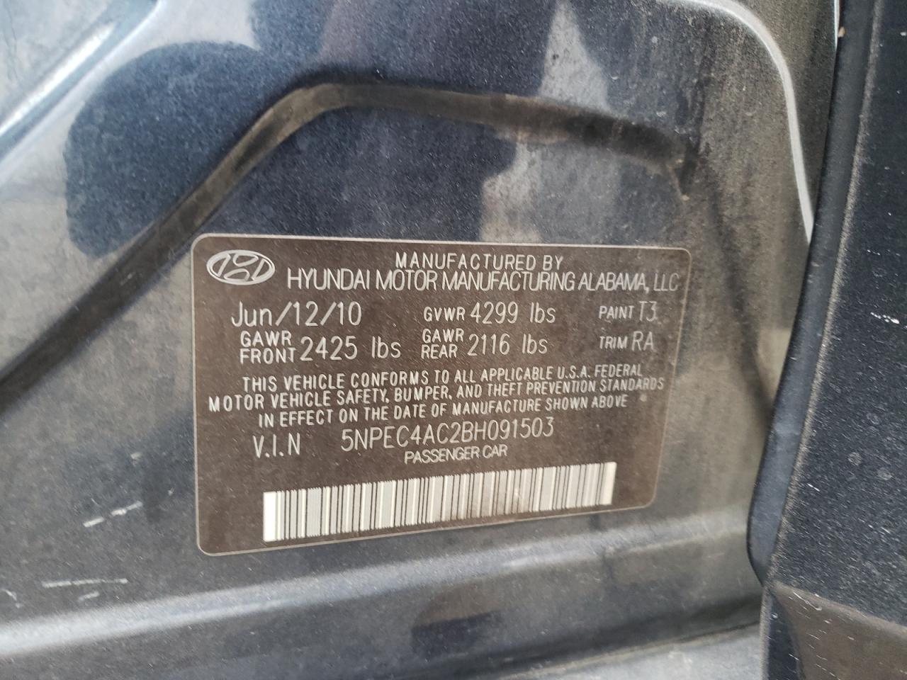 Photo 10 from auction – 2011 HYUNDAI SONATA SE with VIN 5NPEC4AC2BH091503
