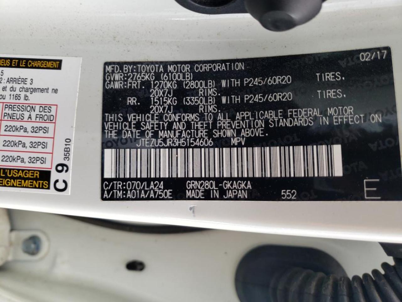 Photo 10 from auction – 2017 TOYOTA 4RUNNER SR with VIN JTEZU5JR3H5154606