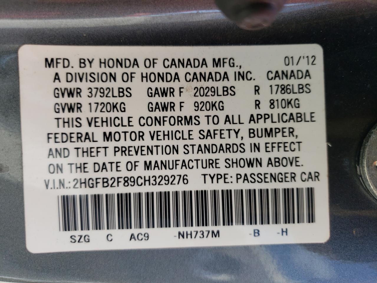 Photo 10 from auction – 2012 HONDA CIVIC EX with VIN 2HGFB2F89CH329276