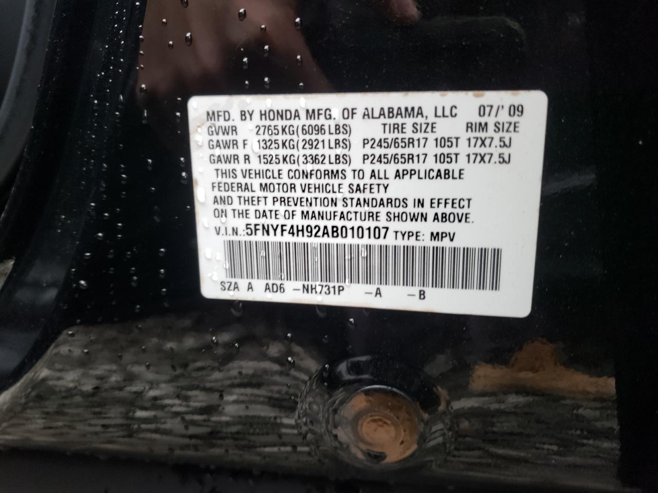 Photo 10 from auction – 2010 HONDA PILOT TOUR with VIN 5FNYF4H92AB010107