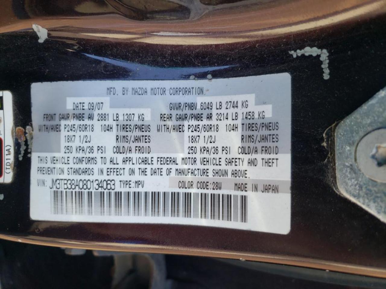 Photo 10 from auction – 2008 MAZDA CX-9 with VIN JM3TB38A080134063