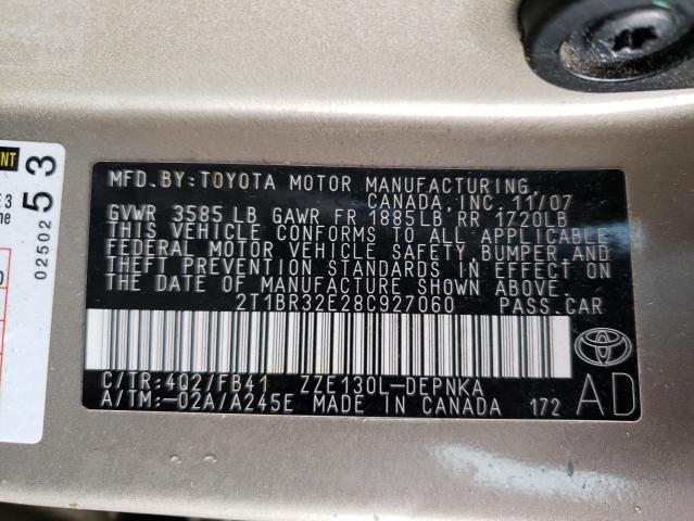 Photo 10 from auction – 2008 TOYOTA COROLLA CE with VIN 2T1BR32E28C927060