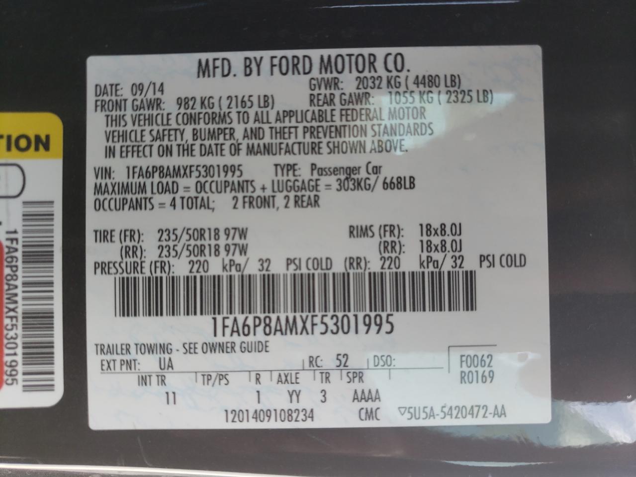 Photo 10 from auction – 2015 FORD MUSTANG with VIN 1FA6P8AMXF5301995