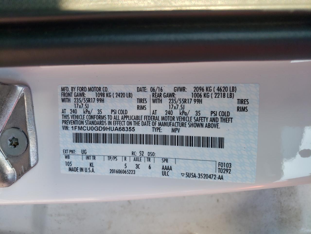 Photo 10 from auction – 2017 FORD ESCAPE SE with VIN 1FMCU0GD9HUA68355
