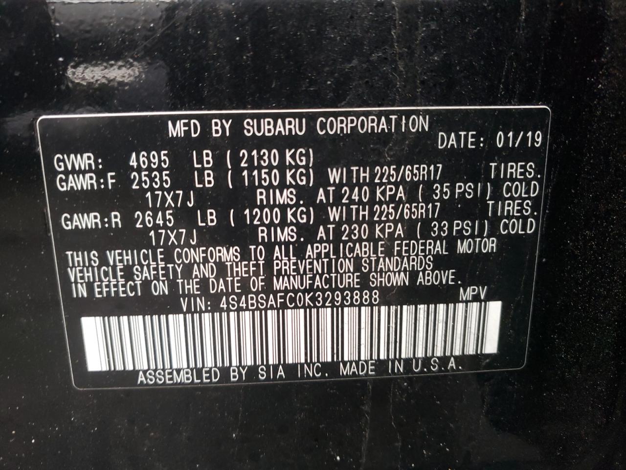 Photo 10 from auction – 2019 SUBARU OUTBACK 2. with VIN 4S4BSAFC0K3293888