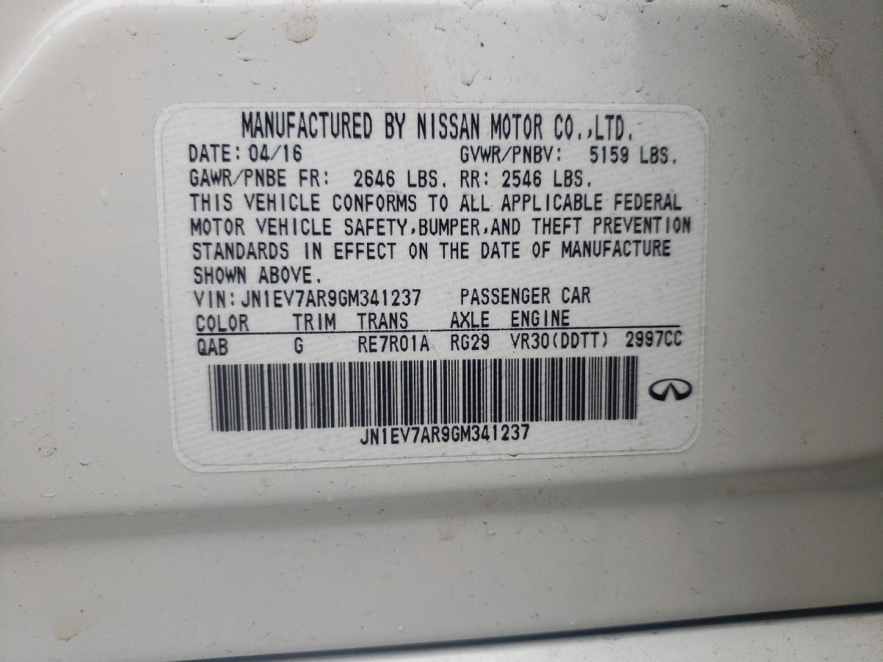Photo 10 from auction – 2016 INFINITI Q50 PREMIU with VIN JN1EV7AR9GM341237