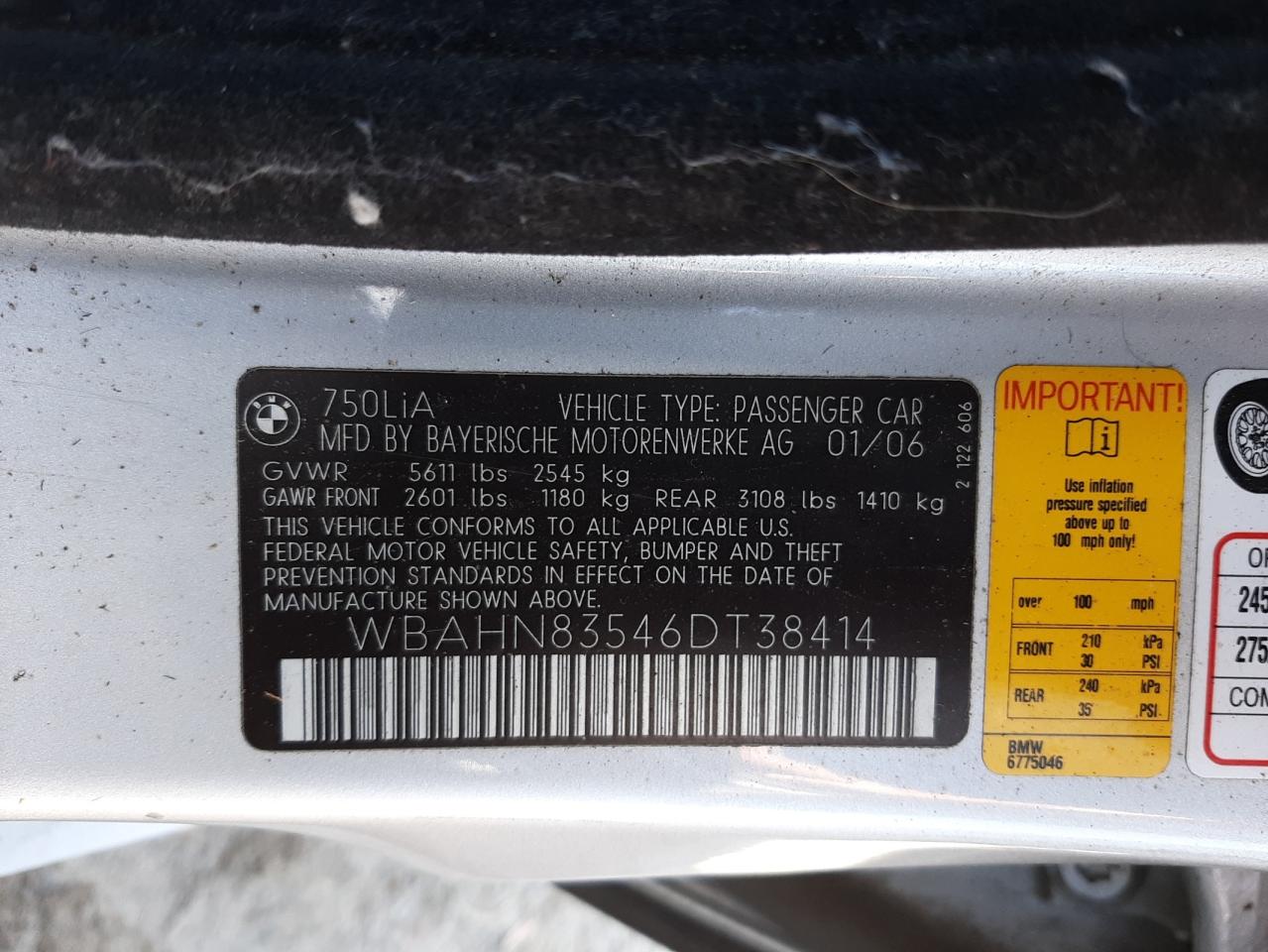 Photo 10 from auction – 2006 BMW 750 LI with VIN WBAHN83546DT38414