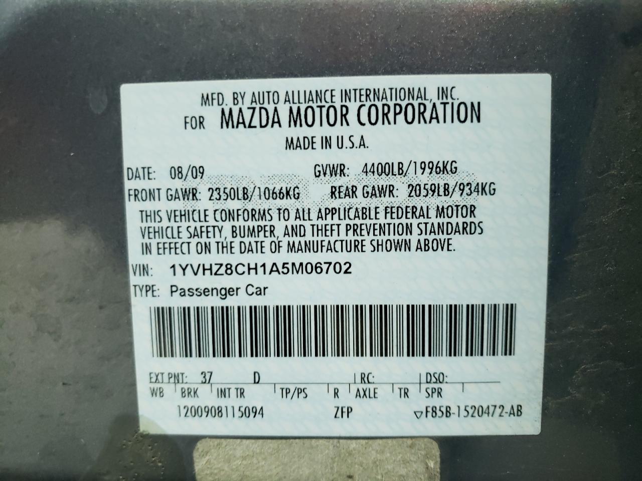 Photo 10 from auction – 2010 MAZDA 6 I with VIN 1YVHZ8CH1A5M06702