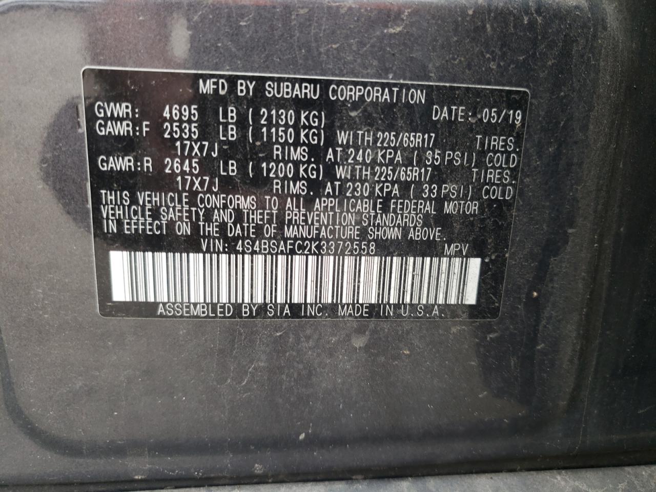 Photo 10 from auction – 2019 SUBARU OUTBACK 2. with VIN 4S4BSAFC2K3372558