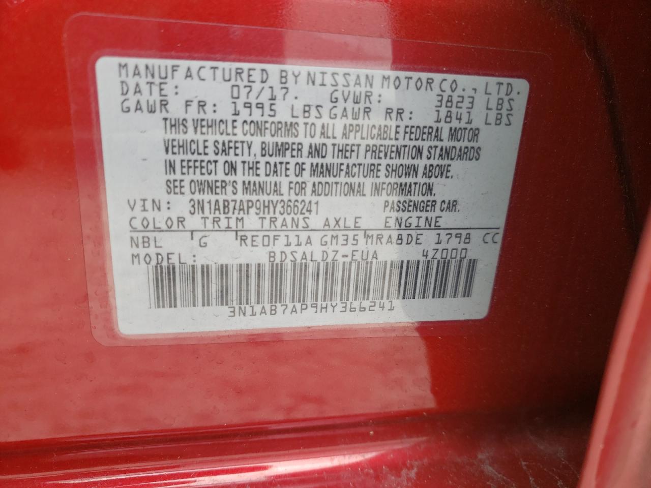 Photo 10 from auction – 2017 NISSAN SENTRA S with VIN 3N1AB7AP9HY366241
