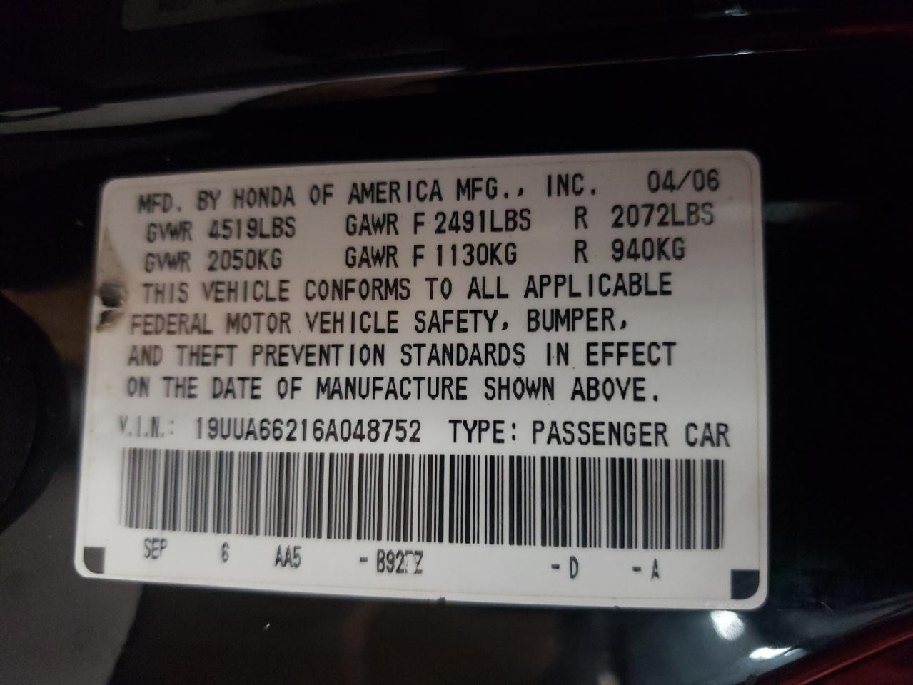 Photo 10 from auction – 2006 ACURA 3.2TL with VIN 19UUA66216A048752