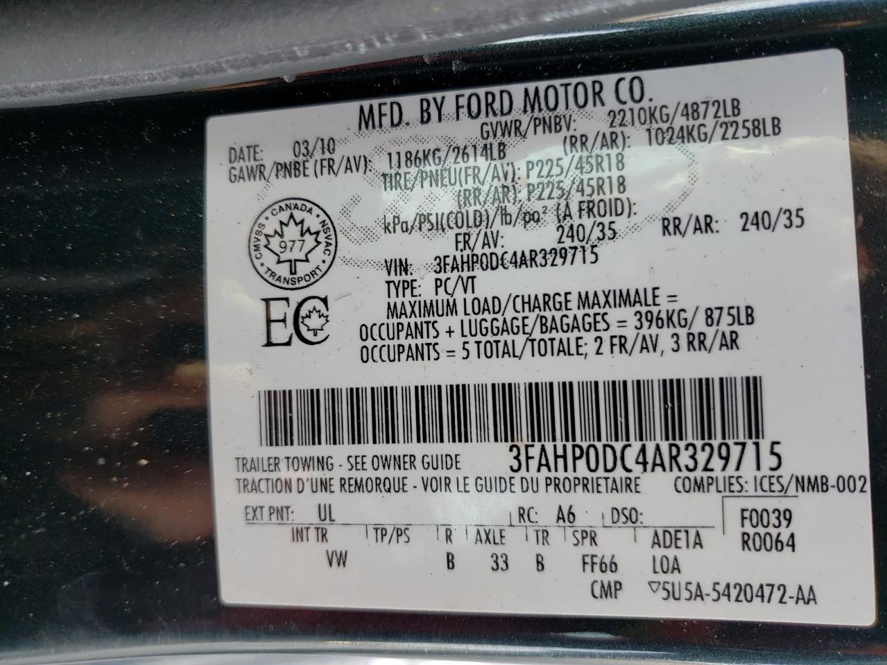 Photo 10 from auction – 2010 FORD FUSION SPO with VIN 3FAHP0DC4AR329715