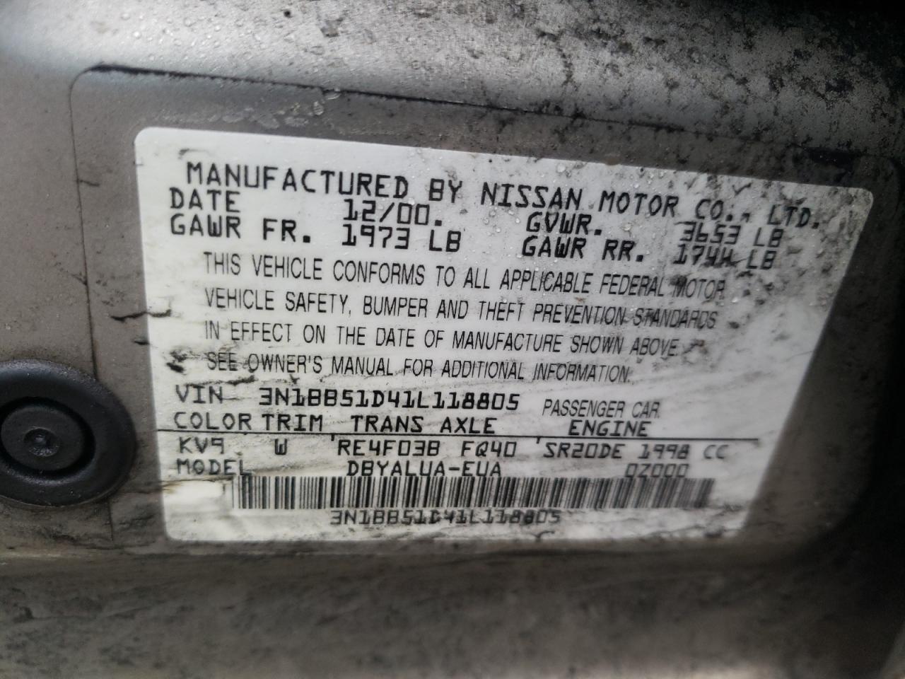 Photo 10 from auction – 2001 NISSAN SENTRA with VIN 3N1BB51D41L118805
