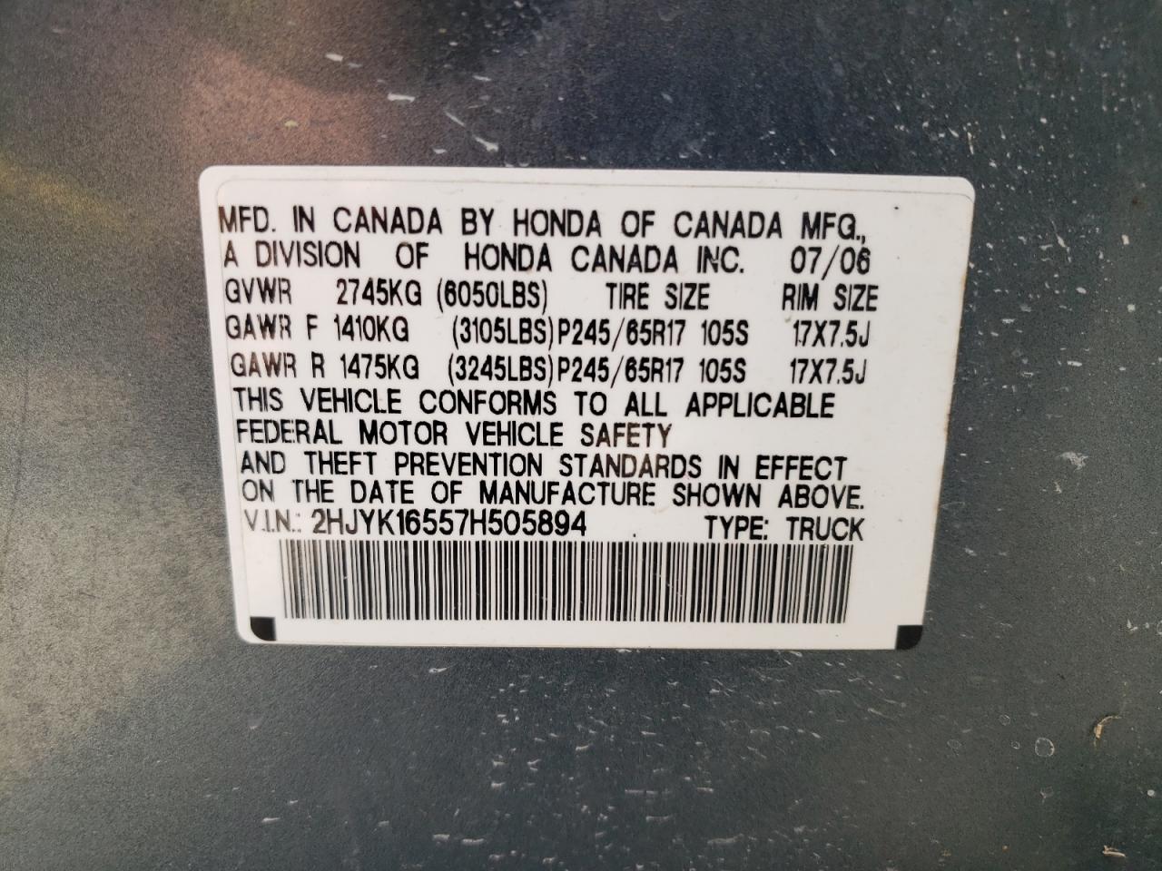 Photo 10 from auction – 2007 HONDA RIDGELINE with VIN 2HJYK16557H505894