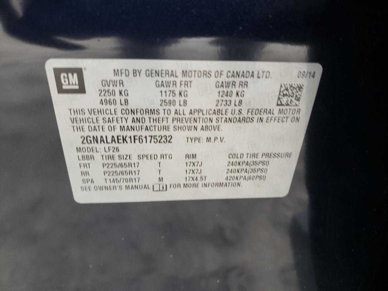 Photo 10 from auction – 2015 CHEVROLET EQUINOX LS with VIN 2GNALAEK1F6175232