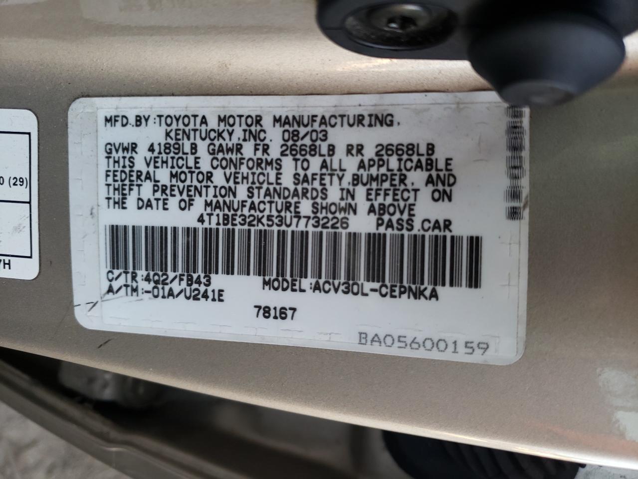 Photo 10 from auction – 2003 TOYOTA CAMRY LE with VIN 4T1BE32K53U773226