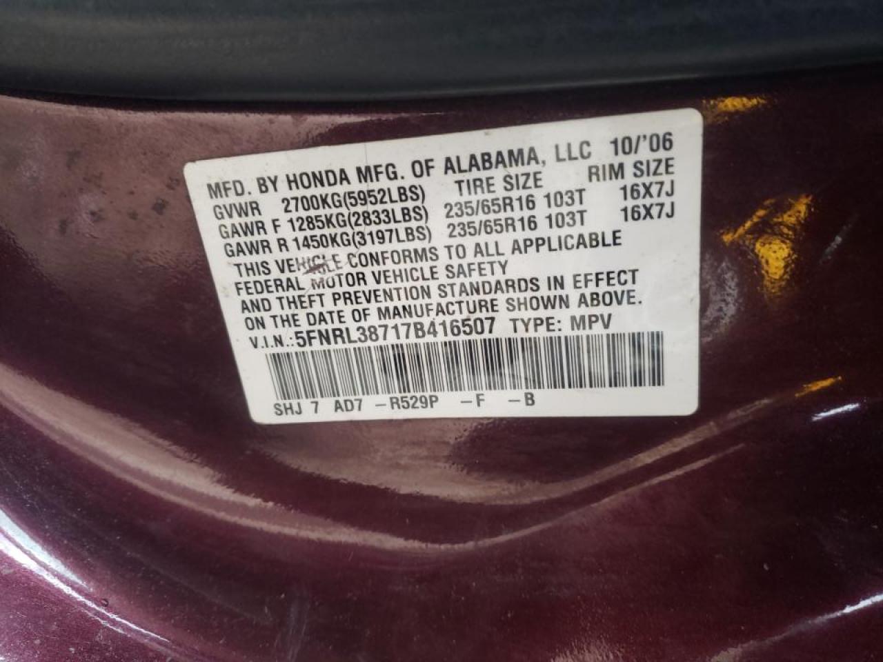 Photo 10 from auction – 2007 HONDA ODYSSEY EX with VIN 5FNRL38717B416507