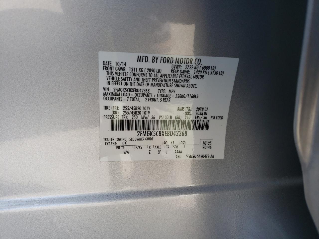 Photo 10 from auction – 2014 FORD FLEX SEL with VIN 2FMGK5C8XEBD42368