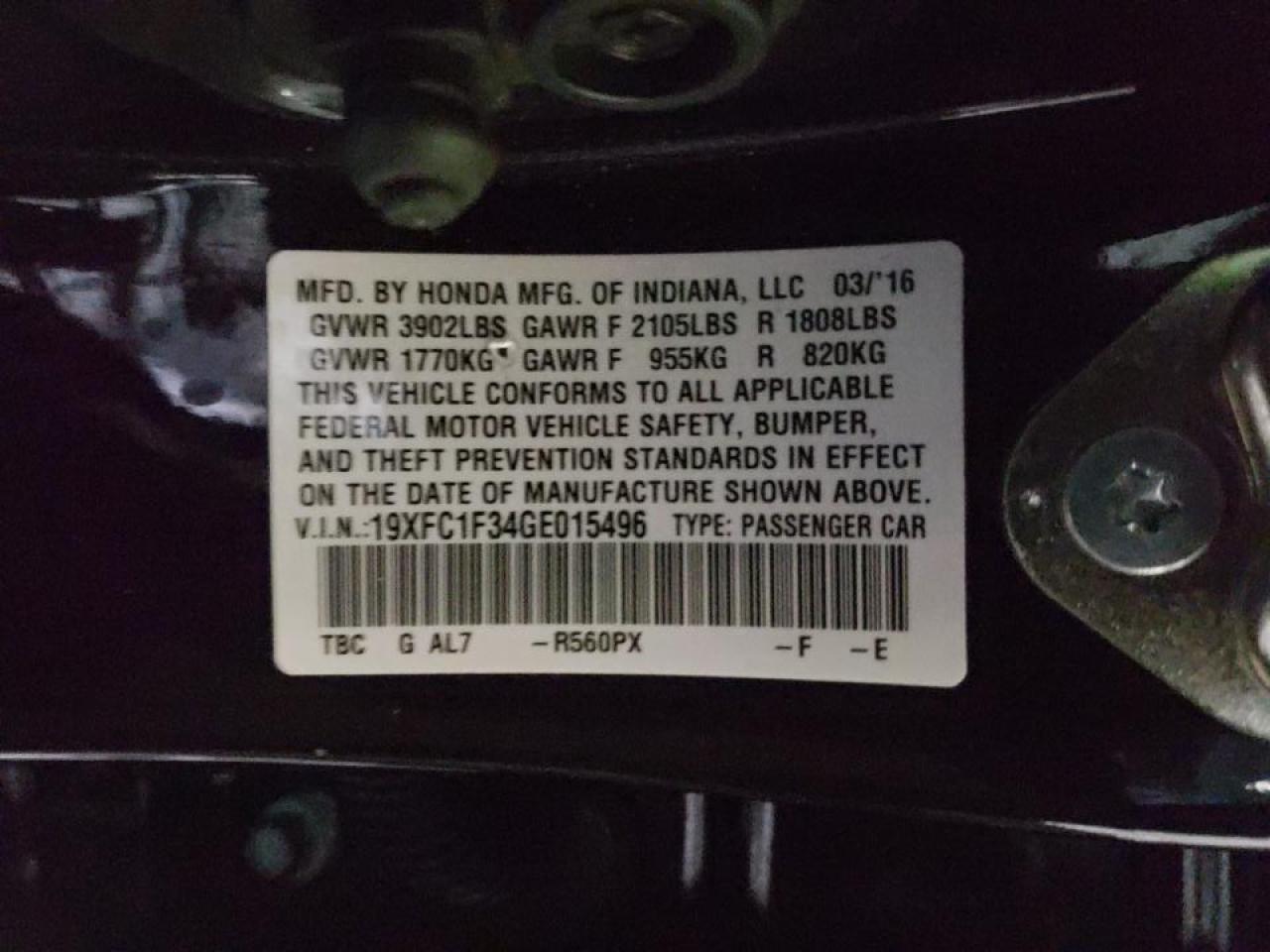 Photo 10 from auction – 2016 HONDA CIVIC EX with VIN 19XFC1F34GE015496