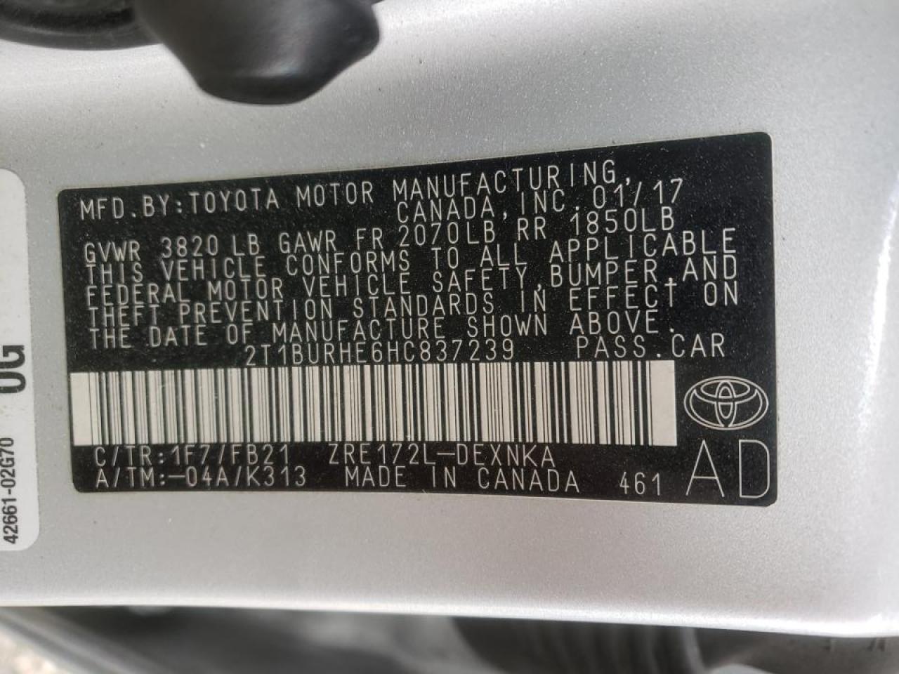Photo 10 from auction – 2017 TOYOTA COROLLA L with VIN 2T1BURHE6HC837239