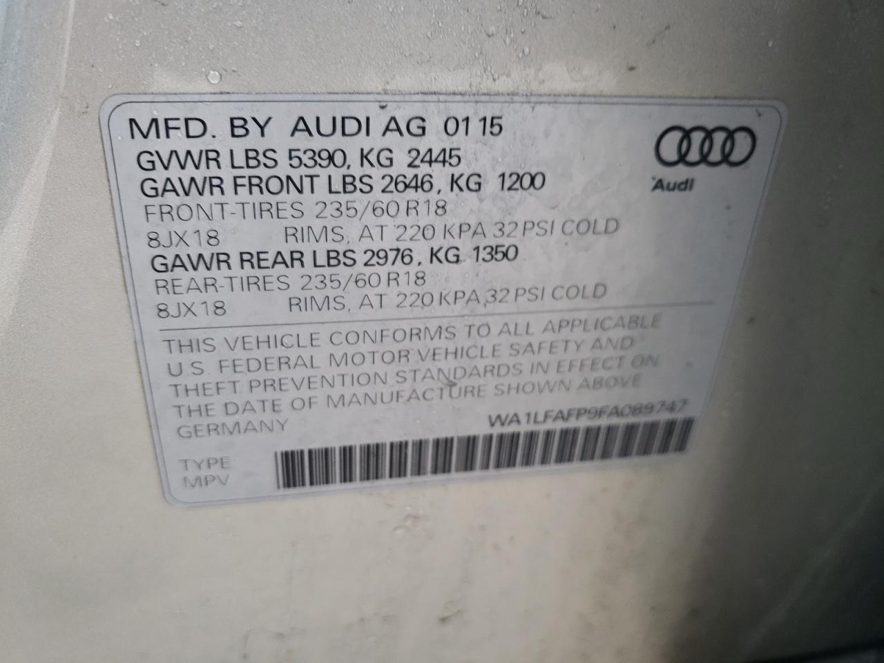 Photo 10 from auction – 2015 AUDI Q5 PREMIUM with VIN WA1LFAFP9FA089747