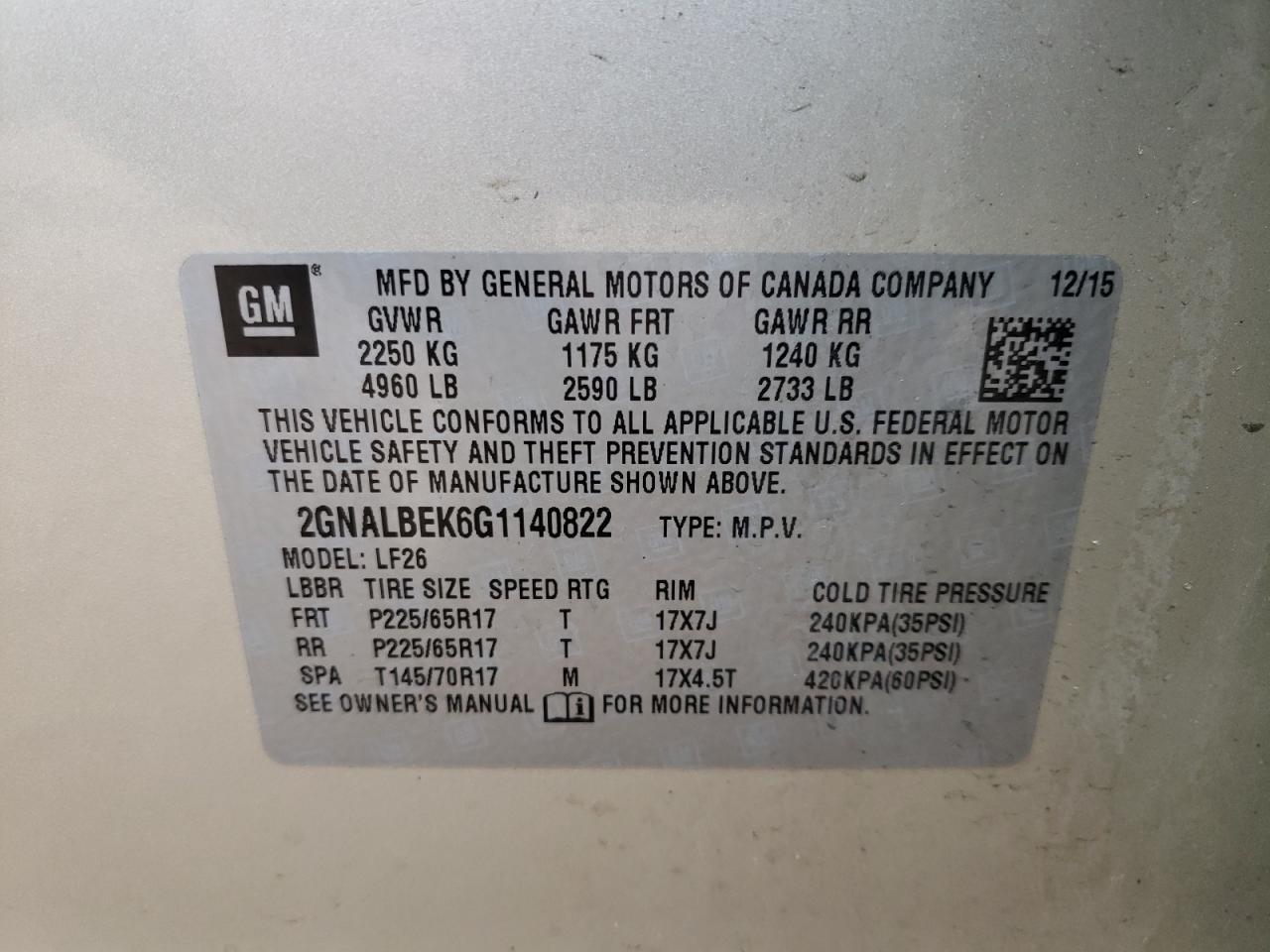 Photo 10 from auction – 2016 CHEVROLET EQUINOX LS with VIN 2GNALBEK6G1140822