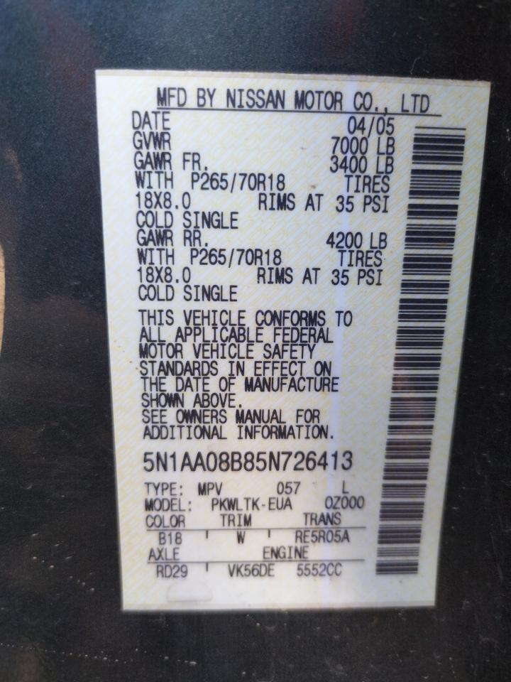 Photo 10 from auction – 2005 NISSAN ARMADA SE with VIN 5N1AA08B85N726413