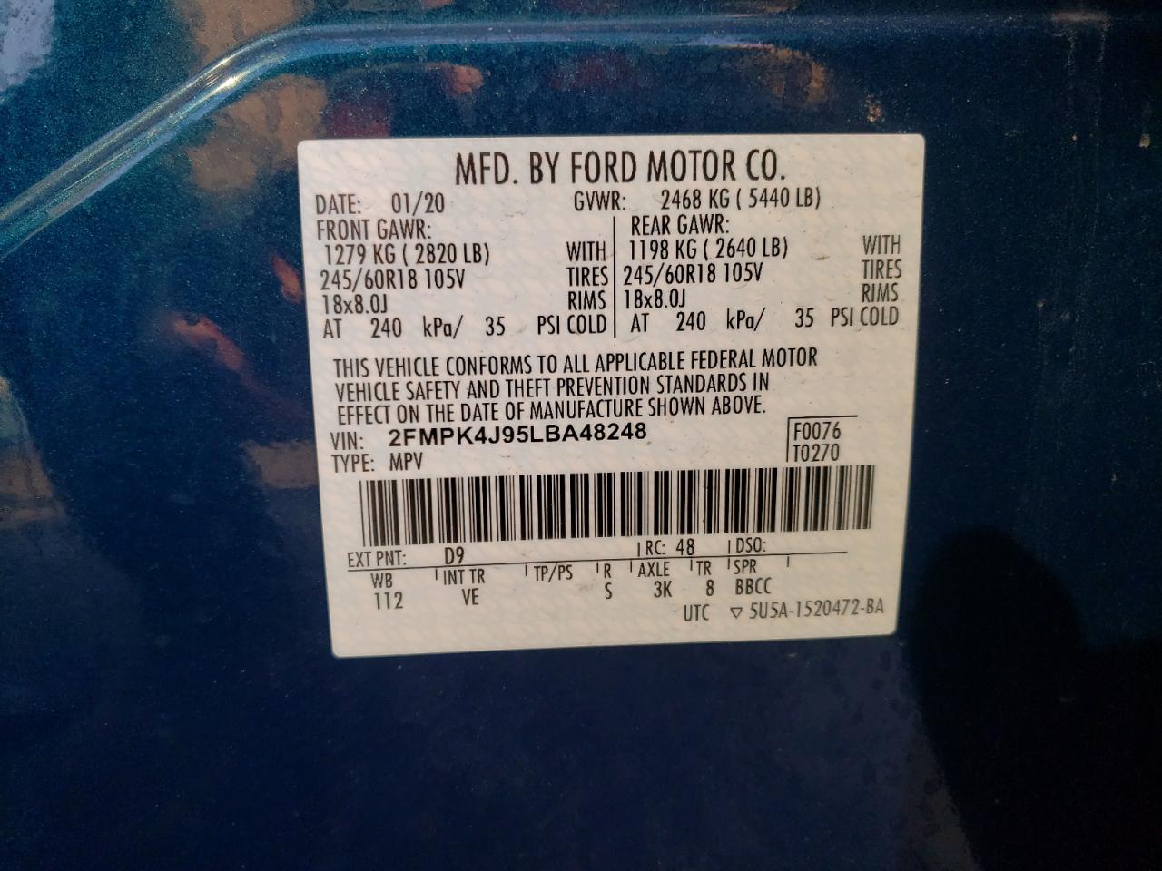 Photo 10 from auction – 2020 FORD EDGE SEL with VIN 2FMPK4J95LBA48248
