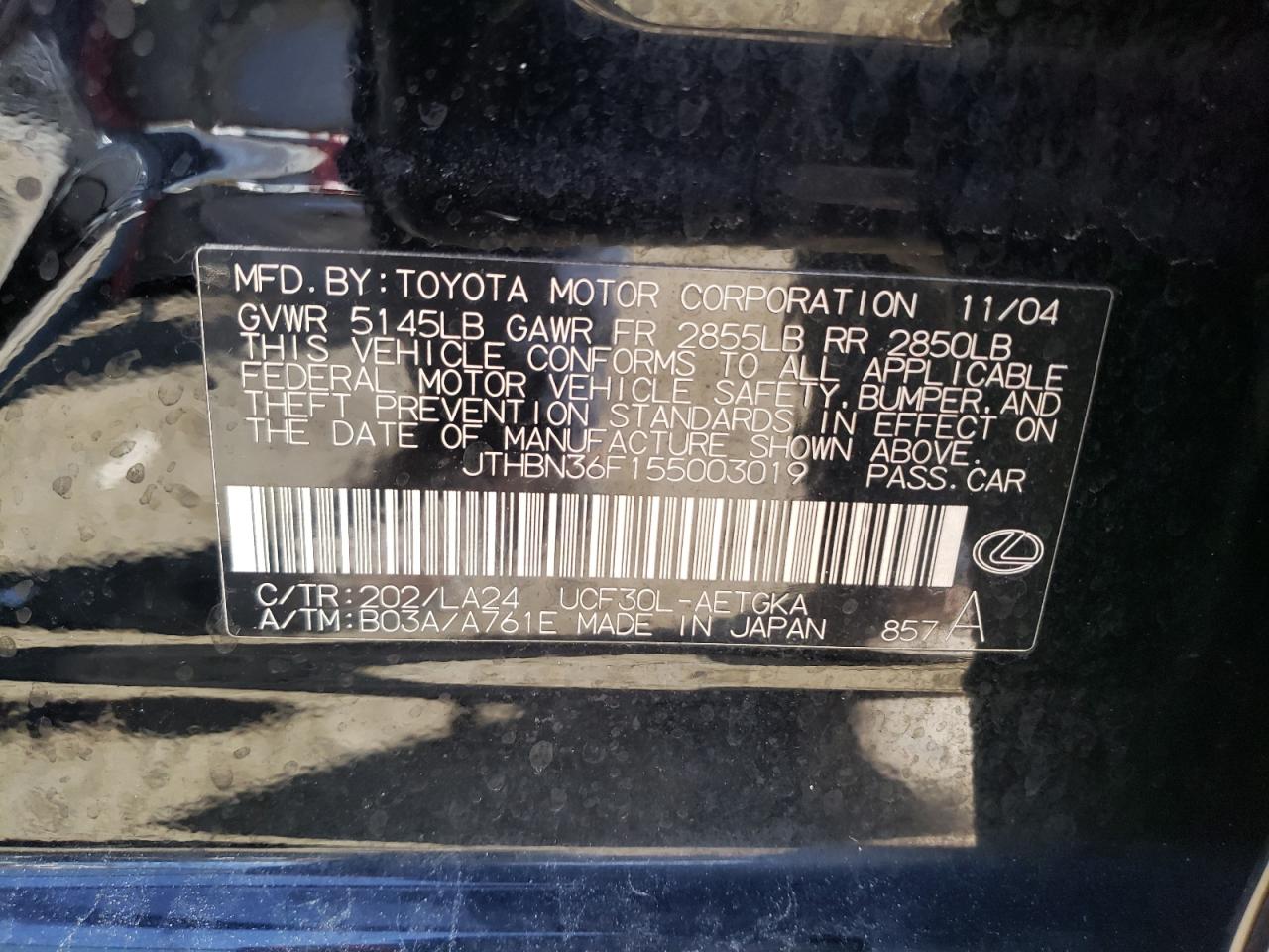 Photo 10 from auction – 2005 LEXUS LS 430 with VIN JTHBN36F155003019