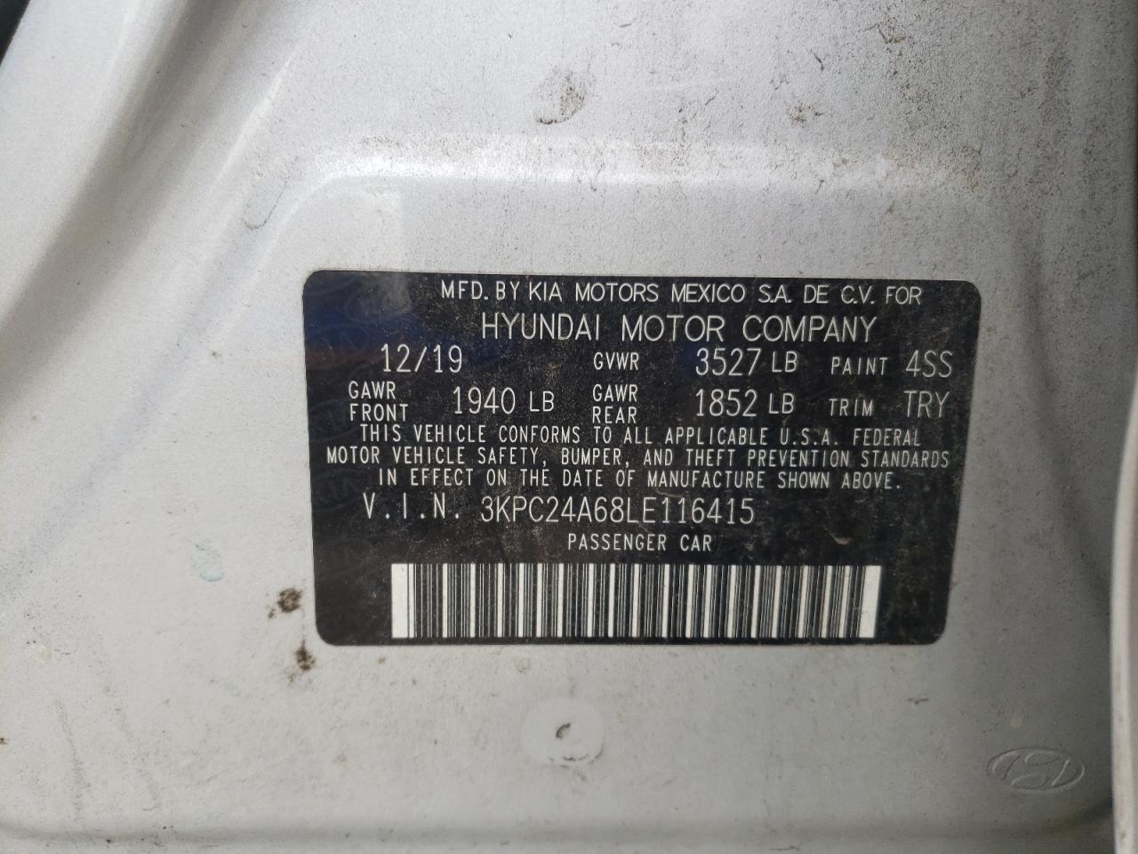 Photo 10 from auction – 2020 HYUNDAI ACCENT SE with VIN 3KPC24A68LE116415