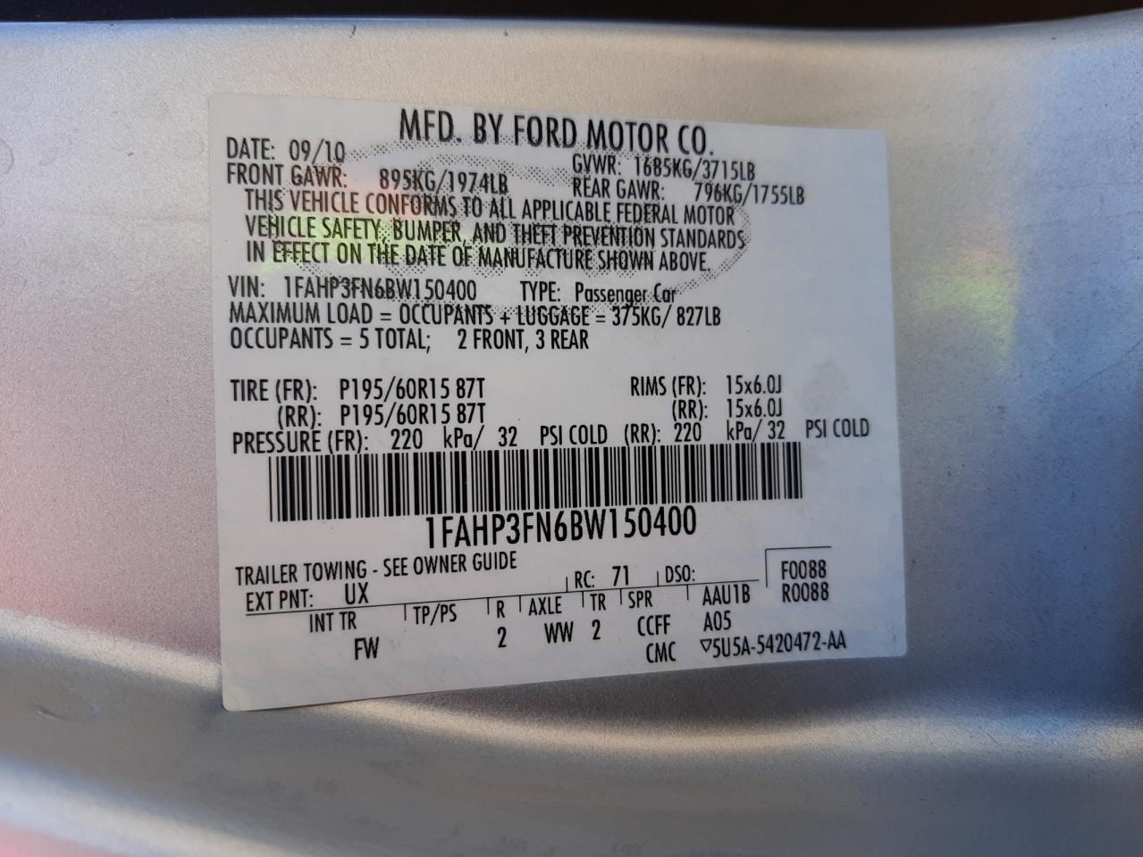 Photo 10 from auction – 2011 FORD FOCUS SE with VIN 1FAHP3FN6BW150400