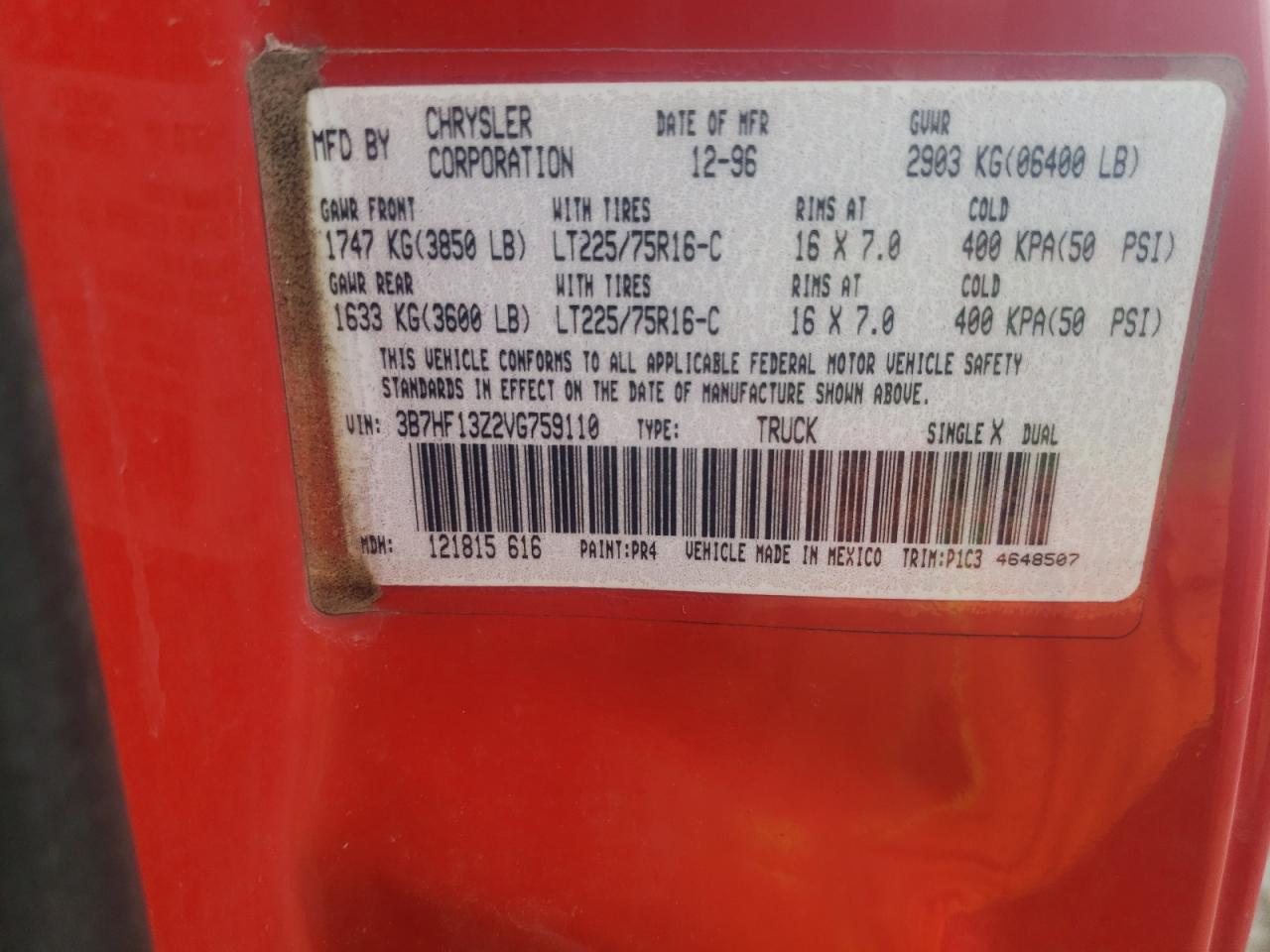 Foto 10 de la subasta – 1997 DODGE RAM 1500 con VIN 3B7HF13Z2VG759110