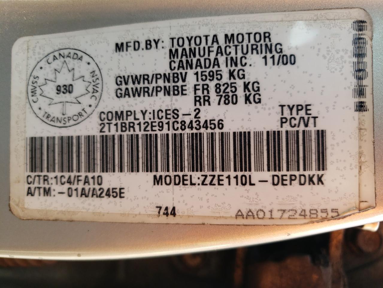 Photo 10 from auction – 2001 TOYOTA COROLLA CE with VIN 2T1BR12E91C843456