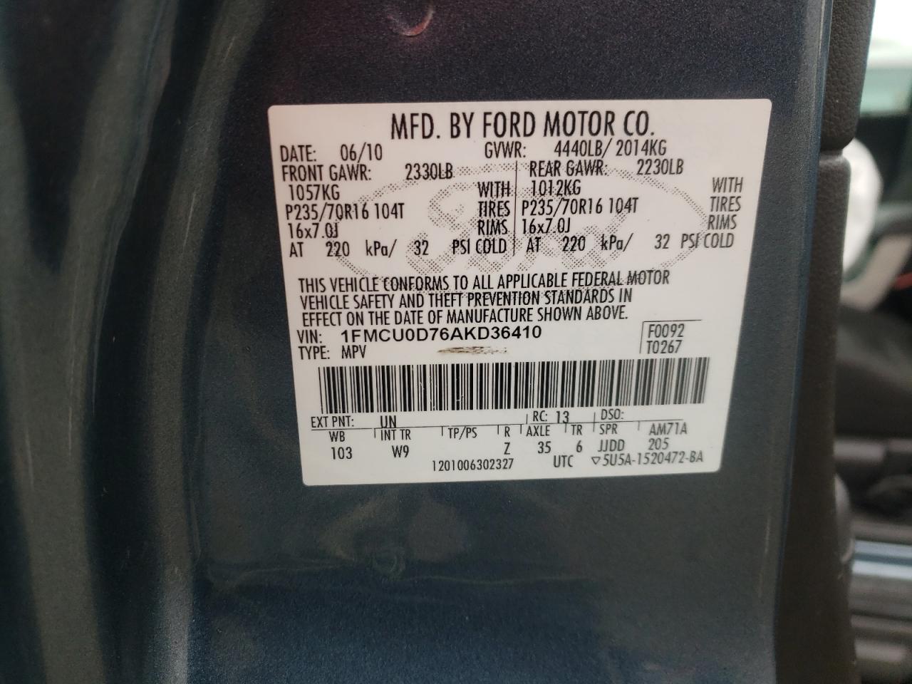 Photo 10 from auction – 2010 FORD ESCAPE XLT with VIN 1FMCU0D76AKD36410