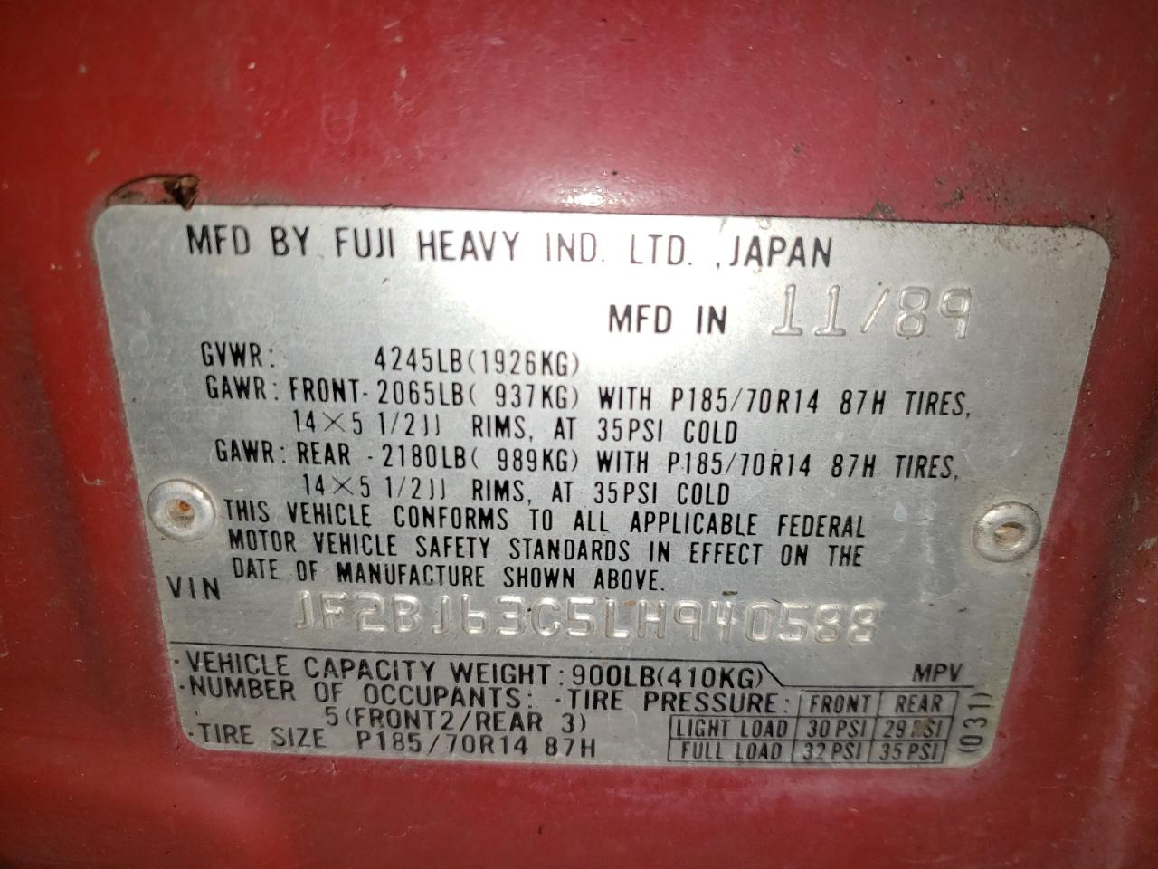 Photo 10 from auction – 1990 SUBARU LEGACY L with VIN JF2BJ63C5LH940588