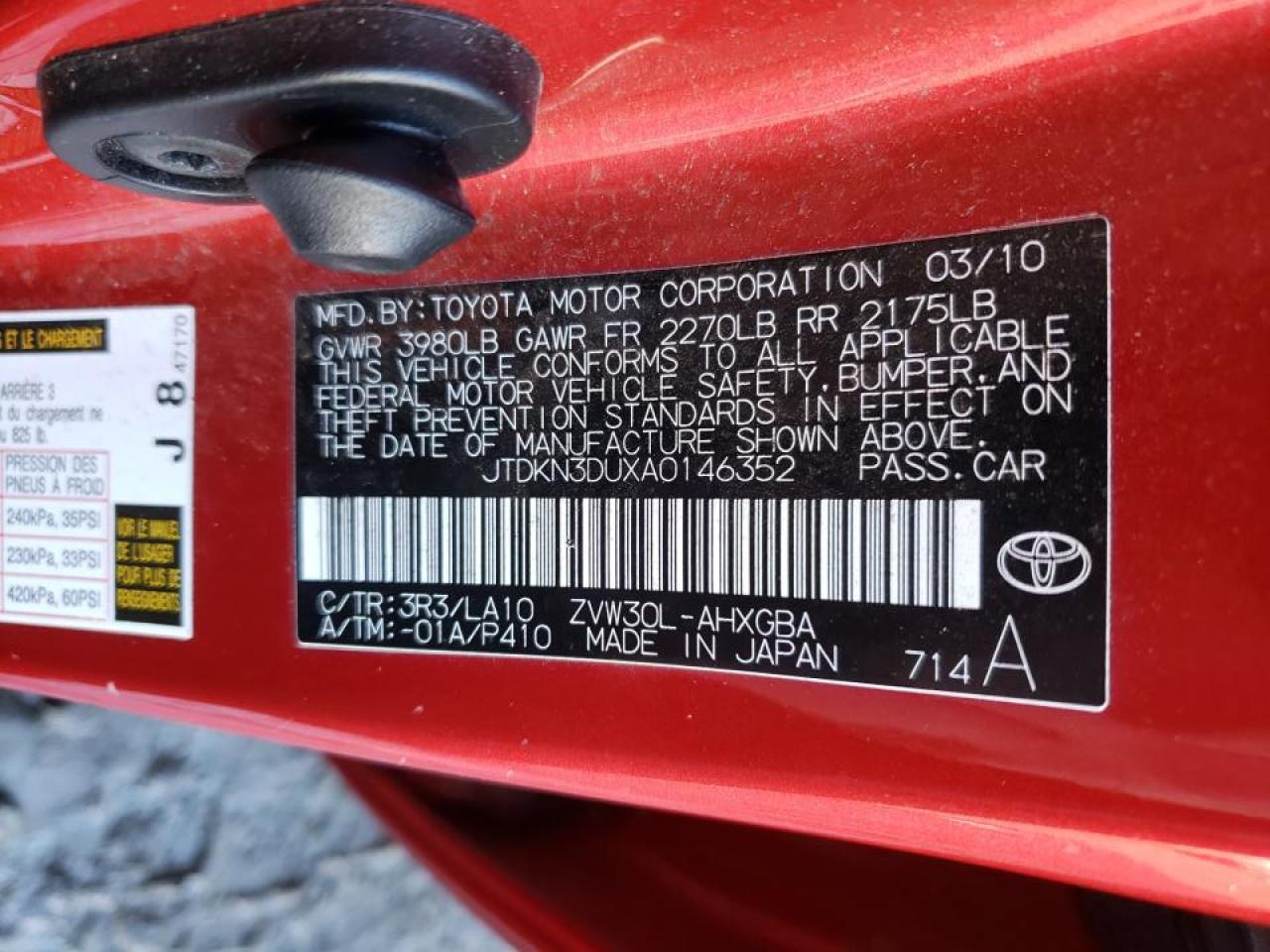 Photo 10 from auction – 2010 TOYOTA PRIUS with VIN JTDKN3DUXA0146352