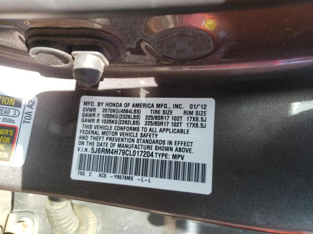 Photo 10 from auction – 2012 HONDA CR-V EXL with VIN 5J6RM4H79CL017204