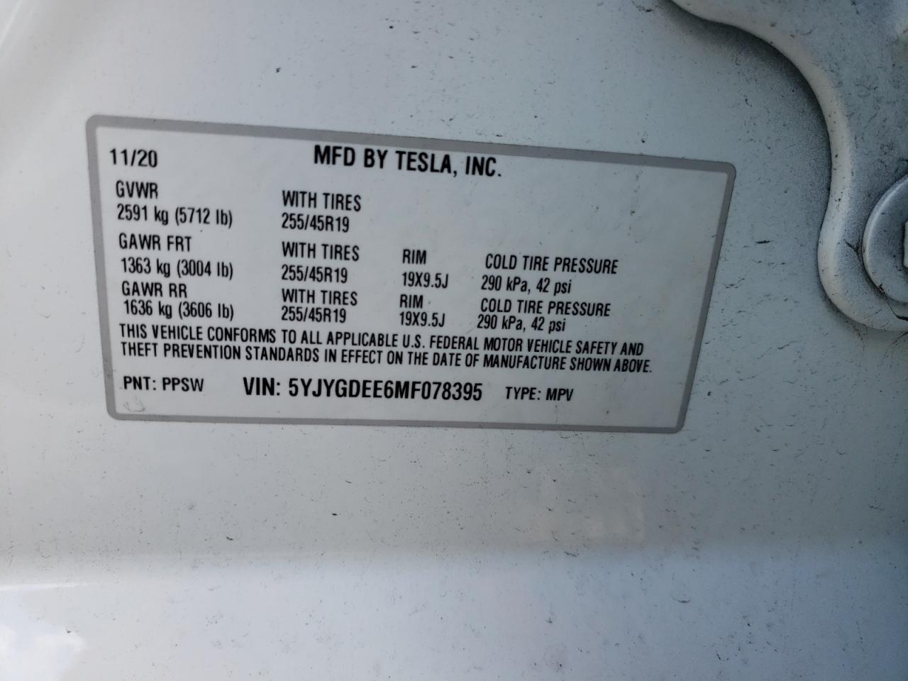 Photo 10 from auction – 2021 TESLA MODEL Y with VIN 5YJYGDEE6MF078395