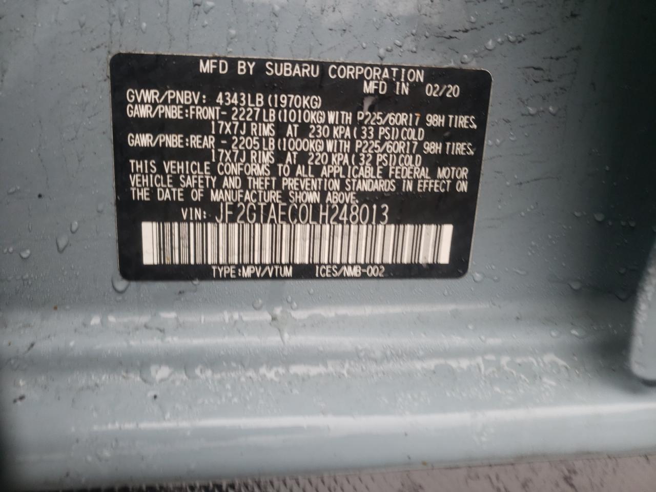 Photo 10 from auction – 2020 SUBARU CROSSTREK with VIN JF2GTAEC0LH248013