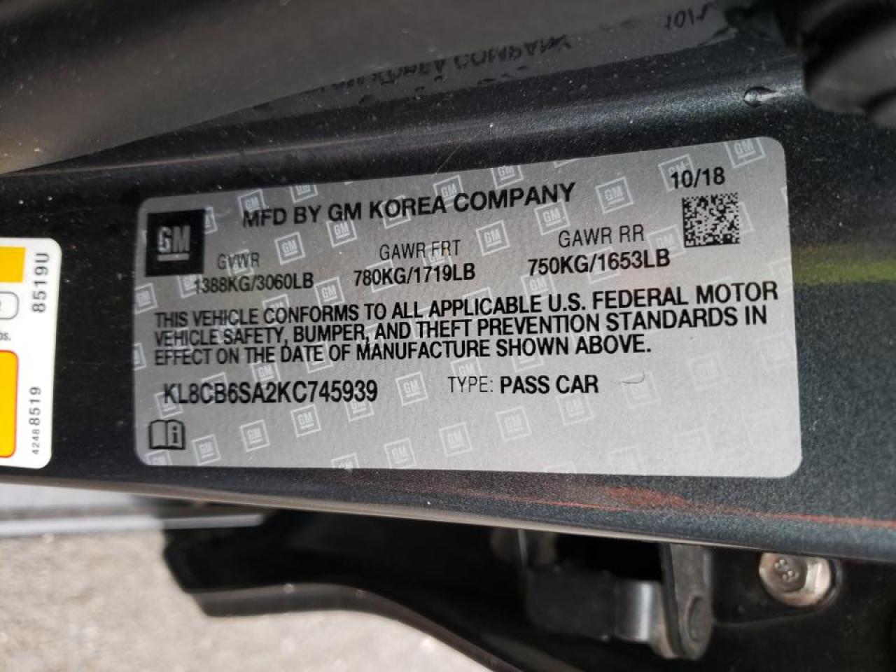 Photo 10 from auction – 2019 CHEVROLET SPARK LS with VIN KL8CB6SA2KC745939