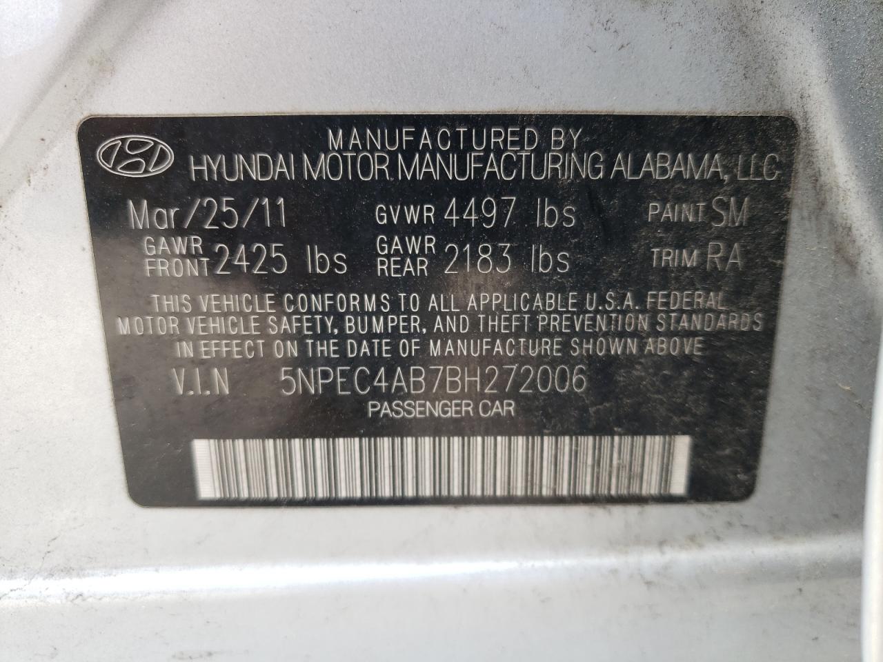 Photo 10 from auction – 2011 HYUNDAI SONATA SE with VIN 5NPEC4AB7BH272006