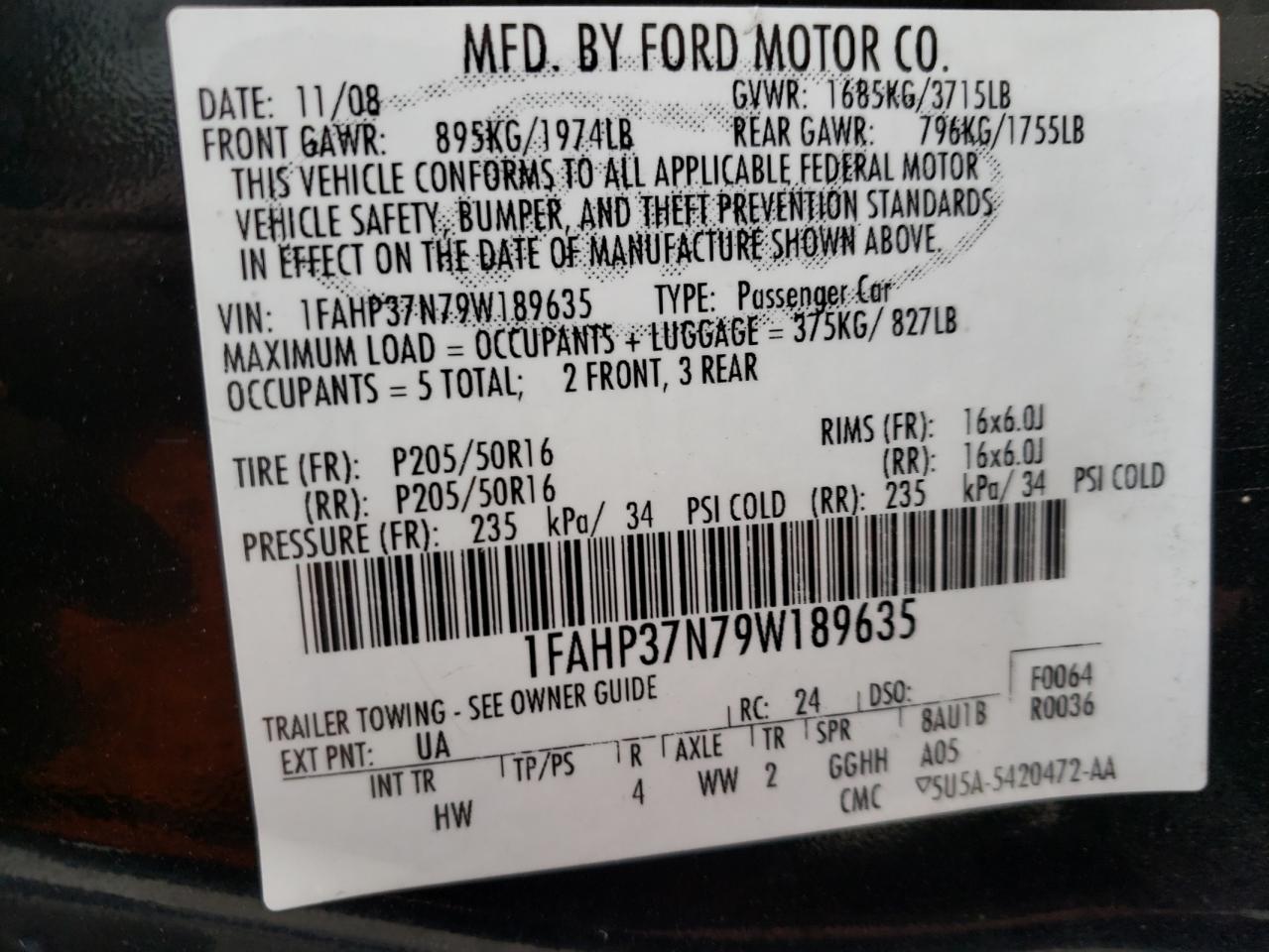 Photo 10 from auction – 2009 FORD FOCUS SEL with VIN 1FAHP37N79W189635