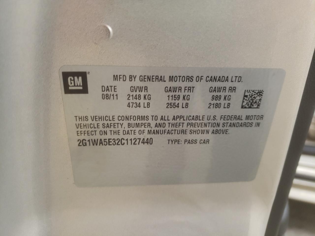 Foto 10 de la subasta – 2012 CHEVROLET IMPALA LS con VIN 2G1WA5E32C1127440