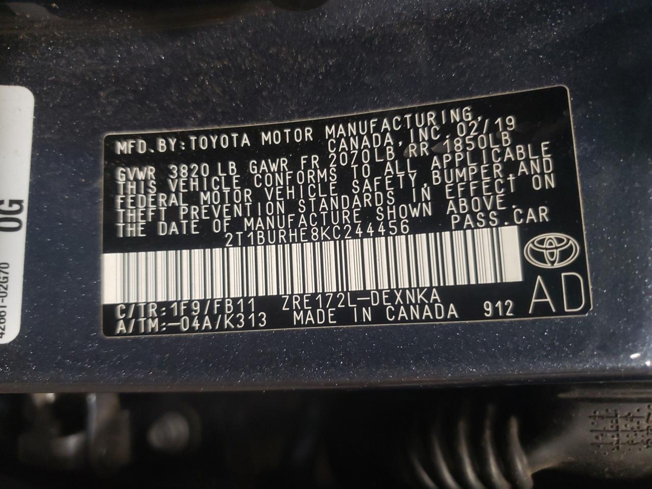 Photo 10 from auction – 2019 TOYOTA COROLLA L with VIN 2T1BURHE8KC244456