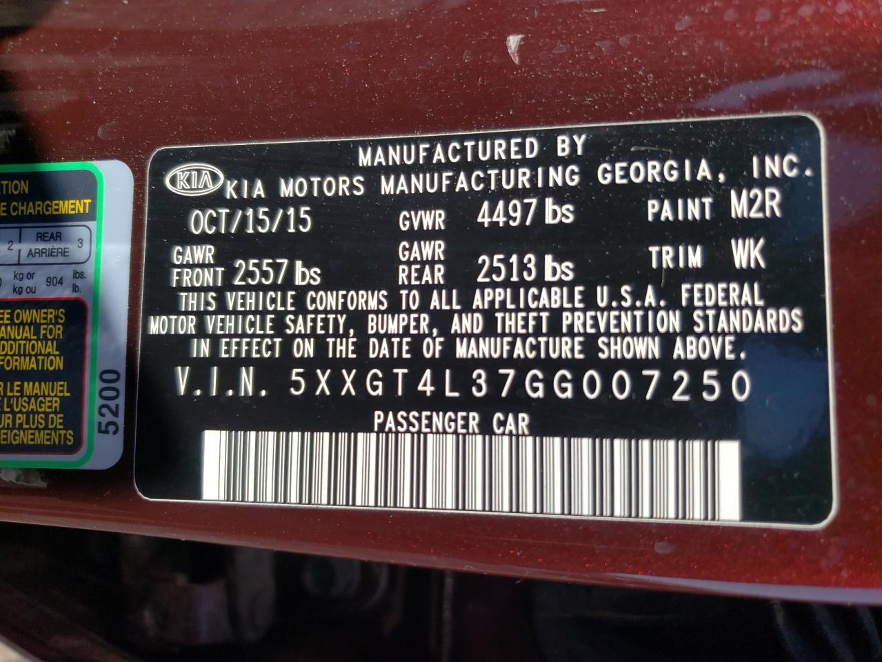 Photo 10 from auction – 2016 KIA OPTIMA LX with VIN 5XXGT4L37GG007250