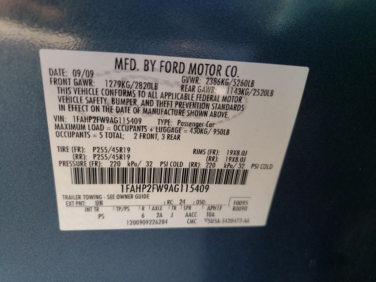 Фото 10 с аукциона – 2010 FORD TAURUS LIM с VIN 1FAHP2FW9AG115409