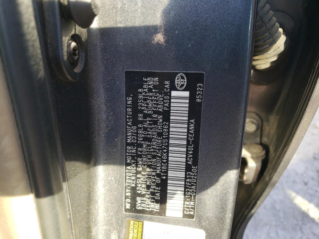 Photo 10 from auction – 2007 TOYOTA CAMRY CE with VIN 4T1BE46K47U510862