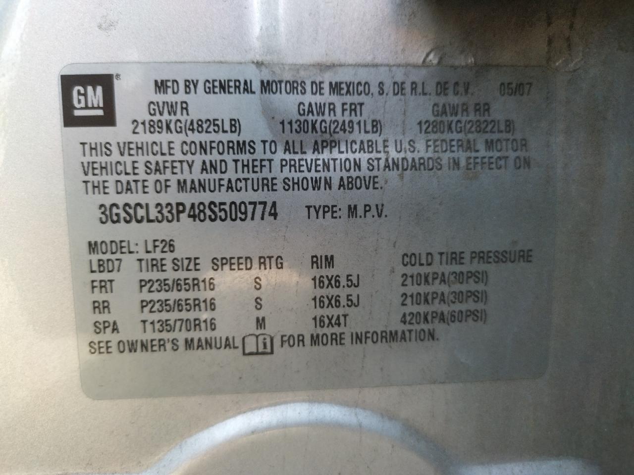 Photo 10 from auction – 2008 SATURN VUE XE with VIN 3GSCL33P48S509774